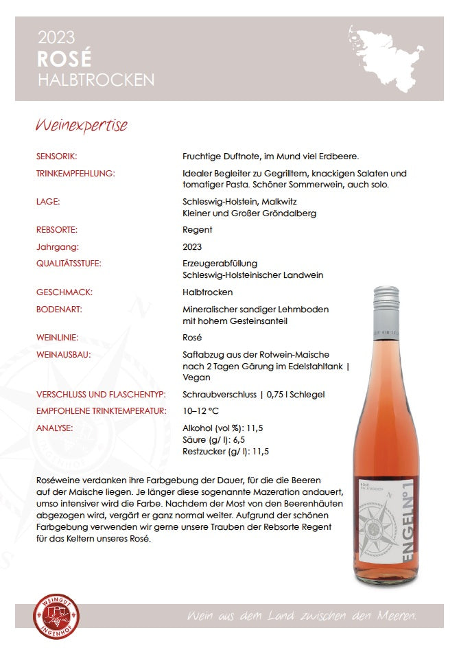 Expertise vom veganen Rosé- Wein halbtrocken vom Weingut Ingenhof in Schleswig- Holstein. Erzeugerabfüllung der PIWI Rebsorte Regent.