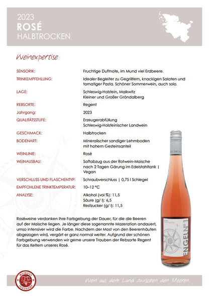 Expertise vom veganen Rosé- Wein halbtrocken vom Weingut Ingenhof in Schleswig- Holstein. Erzeugerabfüllung der PIWI Rebsorte Regent. 