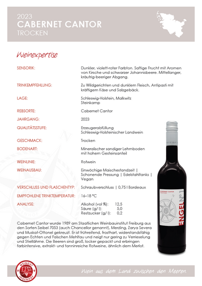 Vollmundiger Rotwein der Piwi- Rebsorte Cabernet Cantor gewachsen im Land zwischen den Meeren auf dem Weingut Ingenhof in Schleswig- Holstein. Falstaff prämiert.