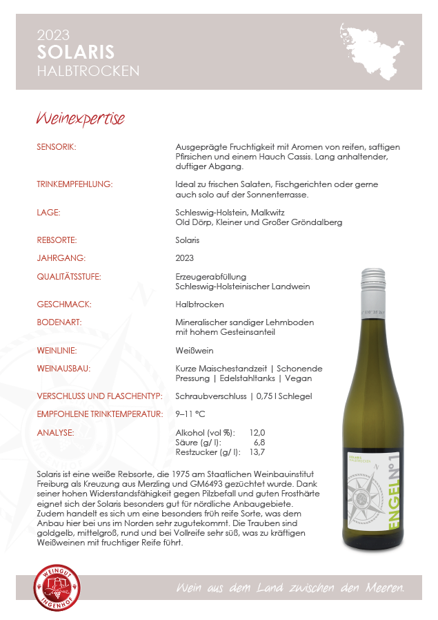 Fruchtiger, veganer Piwi Weißwein der Rebsorte Solaris, halbtrocken ausgebaut auf dem Weingut Ingenhof in Schleswig- Holstein, dem größten Weingut im Norden. Falstaff prämiert. Geschenk für Weinliebhaber.