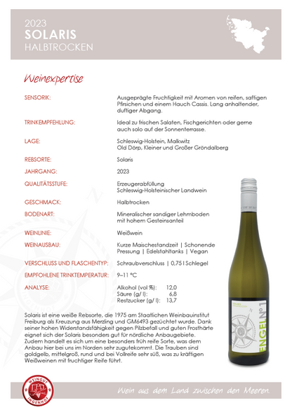 Fruchtiger, veganer Piwi Weißwein der Rebsorte Solaris, halbtrocken ausgebaut auf dem Weingut Ingenhof in Schleswig- Holstein, dem größten Weingut im Norden. Falstaff prämiert. Geschenk für Weinliebhaber.