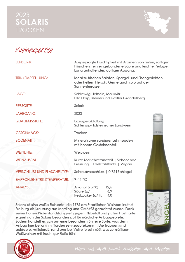 Fruchtiger, veganer Piwi Weißwein der Rebsorte Solaris, trocken ausgebaut auf dem Weingut Ingenhof in Schleswig- Holstein, dem größten Weingut im Norden. Falstaff prämiert. Geschenk für Weinliebhaber.