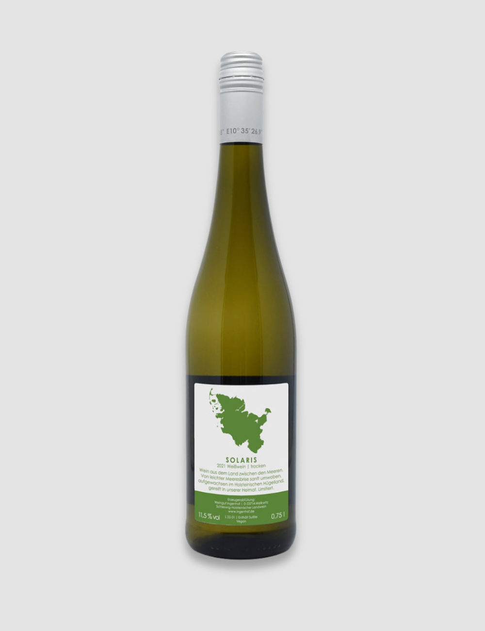 Fruchtiger, veganer Piwi Weißwein der Rebsorte Solaris, trocken ausgebaut auf dem Weingut Ingenhof in Schleswig- Holstein, dem größten Weingut im Norden. Falstaff prämiert. Geschenk für Weinliebhaber.
